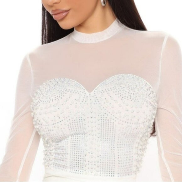 Milk & Honey Sheer Long Sleeve Rhinestone Embellished Cropped Top - Size S - Picture 1 of 7